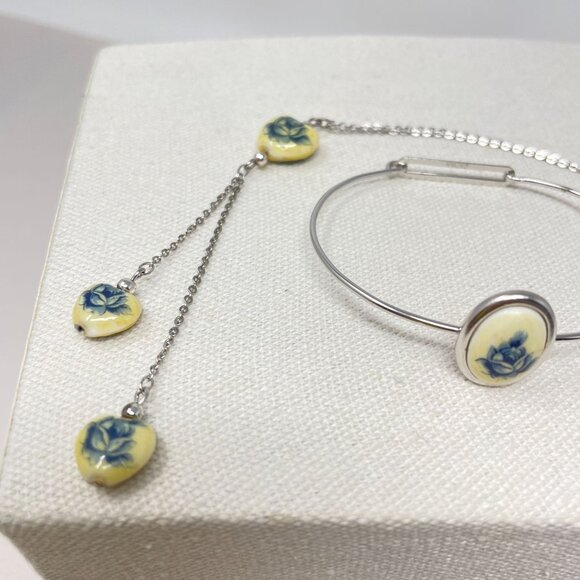 Vintage Japan Necklace & Bracelet Set Blue Rose Y-Drop Chain Dainty Heart - Picture 9 of 13